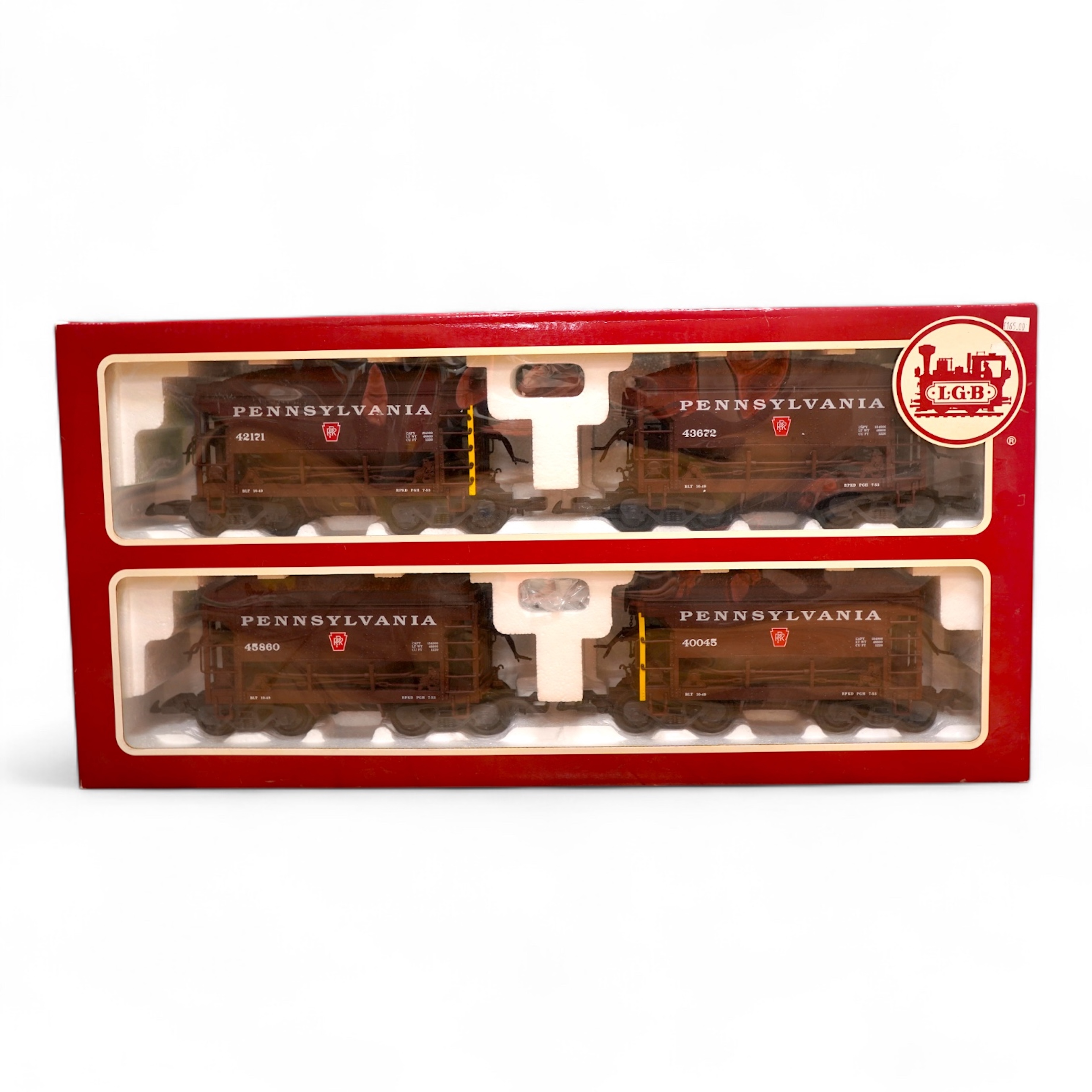 A boxed G scale (45mm) LGB set of four hopper wagons (40045). Condition - good.